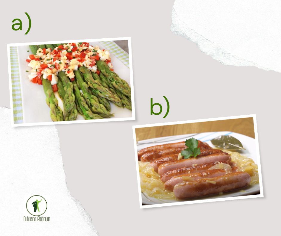 Ensalada de calabacín con atún acompañado de salchichas al vino blanco con cebolla